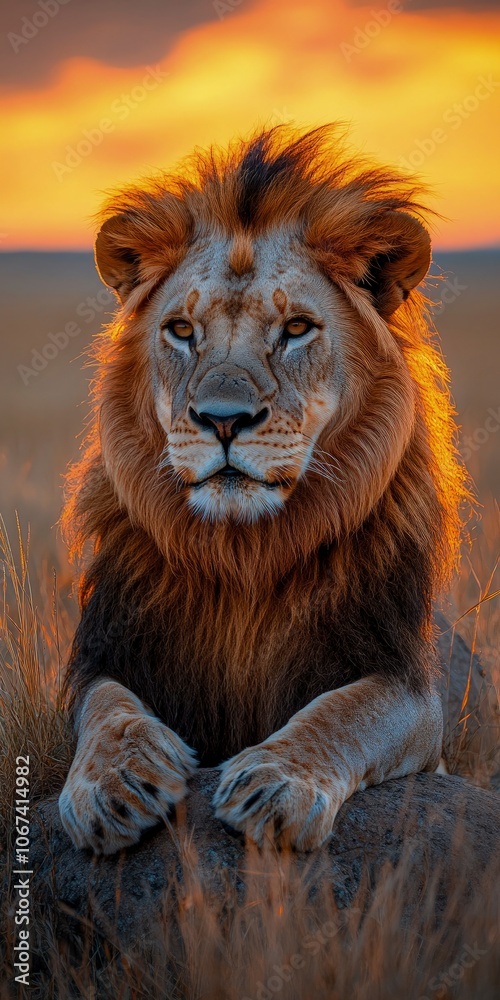 Majestic African lion resting on a rock in the savannah at sunset, surrounded by tall, golden grass; the sky is glowing with warm colors, and his mane flows gently in the wind; highly detailed Majestic African lion resting on a rock in the savannah at sunset, surrounded by tall, golden grass; the sky is glowing with warm colors, and his mane flows gently in the wind; highly detailed