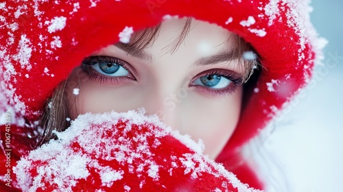 High key lighting, avant-garde red fashion shoot, snowy outdoor setting photo