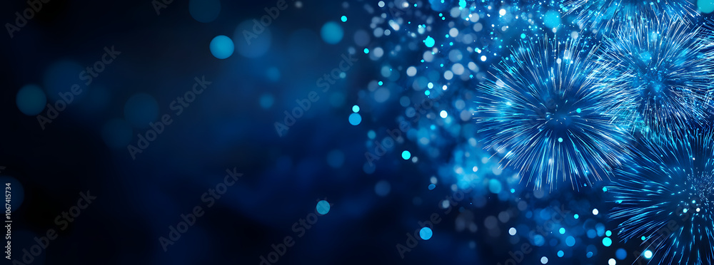 Blue fireworks against a dark blue sky background with copy space, a banner design. New year celebration concept. Blue fireworks against a dark blue sky background with copy space, a banner design. New year celebration concept.
