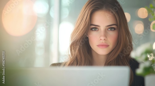 A powerful female CEO sitting at her desk in a modern office, with a commanding presence and a determined look in her eyes. photo