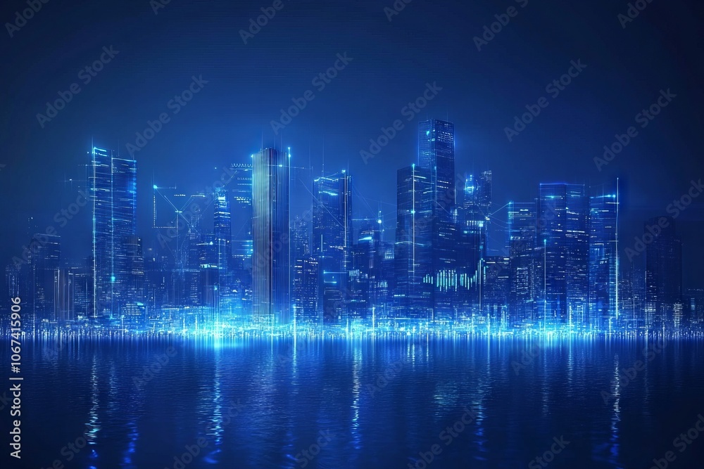 Futuristic city skyline illuminated at night, showcasing sound waves and data visualizations in a blue color theme. AI generated illustration Futuristic city skyline illuminated at night, showcasing sound waves and data visualizations in a blue color theme. AI generated illustration