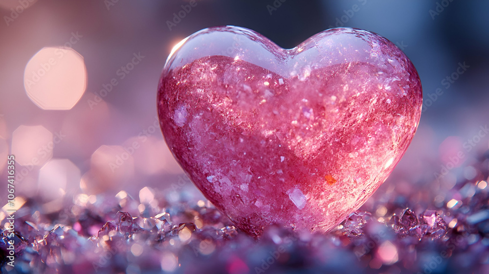 A sparkling pink heart-shaped crystal glimmers atop a bed of colorful gems, exuding beauty and romantic allure. A sparkling pink heart-shaped crystal glimmers atop a bed of colorful gems, exuding beauty and romantic allure.