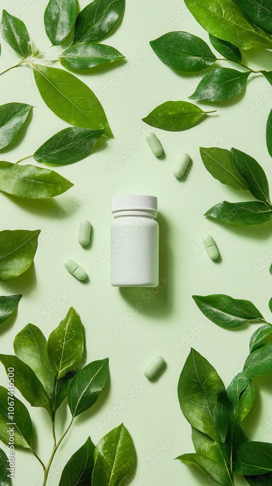 Vegan health supplement with green leaves: ideal for wellness and nutrition projects Vegan health supplement with green leaves: ideal for wellness and nutrition projects