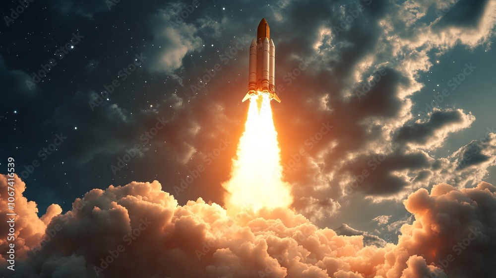 3D illustration of a rocket launching into the sky, symbolizing space exploration and military technology. AI generated illustration 3D illustration of a rocket launching into the sky, symbolizing space exploration and military technology. AI generated illustration