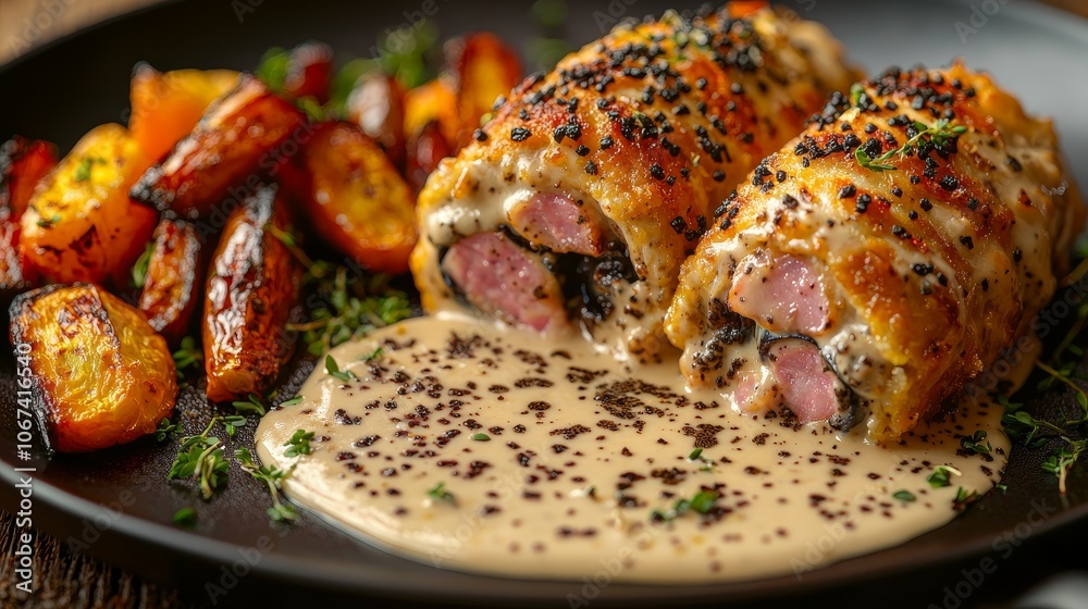 Indulge in a deliciously crafted dish of stuffed meat rolled with savory sauce and roasted vegetables Indulge in a deliciously crafted dish of stuffed meat rolled with savory sauce and roasted vegetables