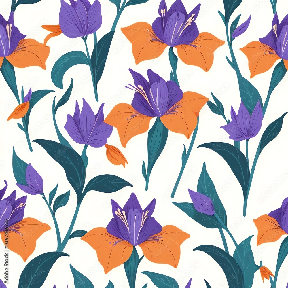 Floral Pattern with Purple and Orange Flowers Floral Pattern with Purple and Orange Flowers