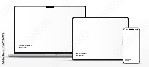 Modern laptop mockup front view and high quality smartphone and tablet mockup isolated on white background. Notebook mockup and phone device mockup for ui ux app and website presentation.Stock Vector.