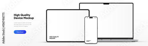 Modern laptop mockup front view and high quality smartphone and tablet mockup isolated on white background. Notebook mockup and phone device mockup for ui ux app and website presentation.Stock Vector.
