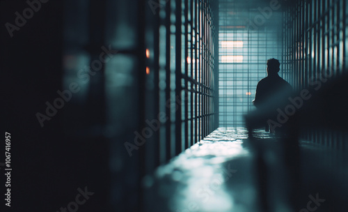 Prisoner sitting at the end of a dark prison cell