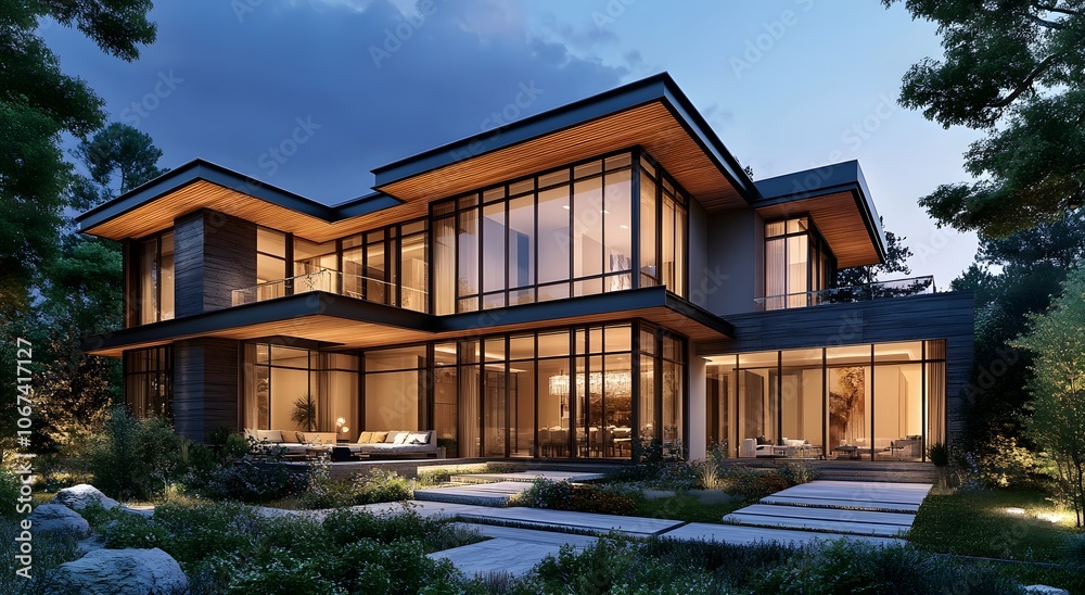Fototapeta premium Modern two-story luxury minimalist cubic house with large windows and glass walls featuring wooden accents and modern architectural style. Decorated in dark tones, residential architecture exterior.