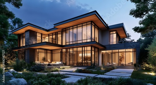 Modern two-story luxury minimalist cubic house with large windows and glass walls featuring wooden accents and modern architectural style. Decorated in dark tones, residential architecture exterior.