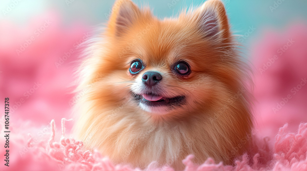 A fluffy Pomeranian dog with a cheerful expression sits on a soft, pink surface, radiating cuteness and charm. A fluffy Pomeranian dog with a cheerful expression sits on a soft, pink surface, radiating cuteness and charm.
