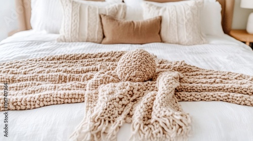 Beige chunky knit blanket on bed in cozy neutral-toned bedroom photo