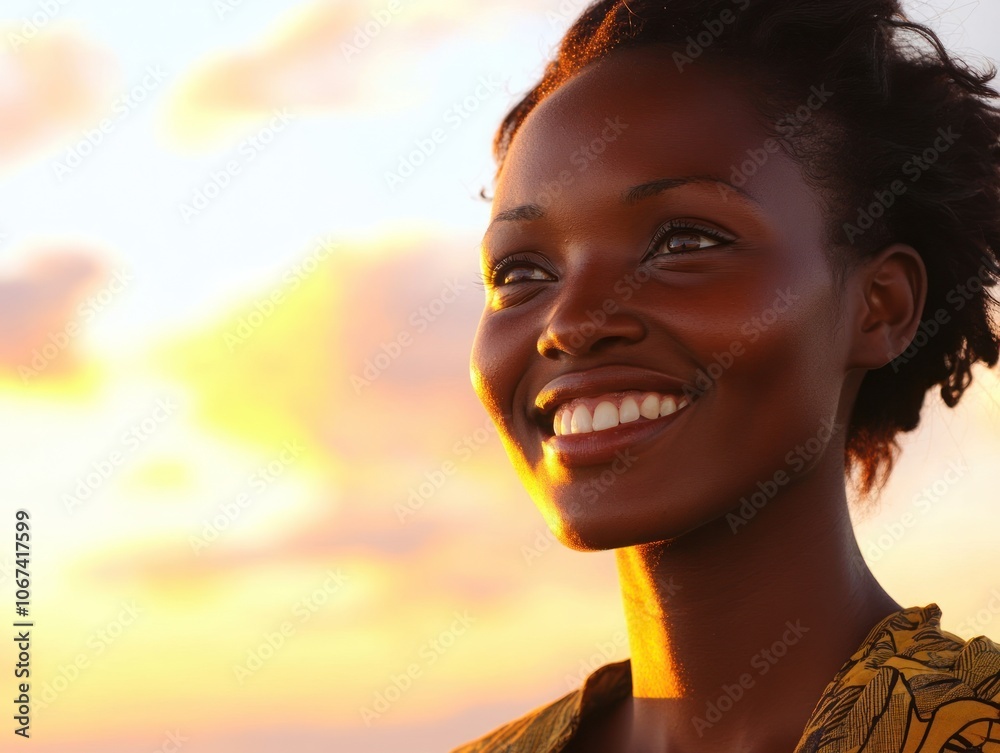 A woman smiling against a vibrant sunset backdrop, radiating joy and positivity. A woman smiling against a vibrant sunset backdrop, radiating joy and positivity.