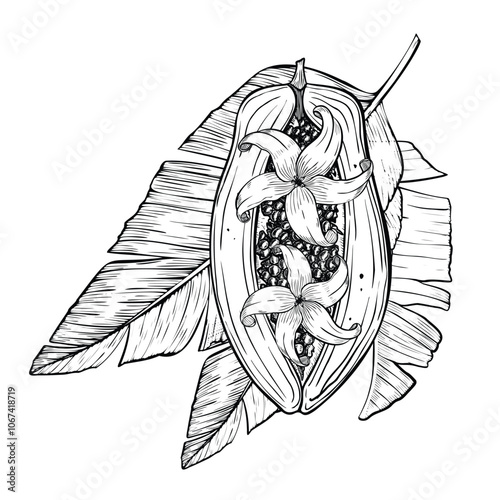 Papaya Fruit with Palm leaves and white flowers of pawpaw tree vector illustration. Linear drawing of exotic tropical plant. Outline drawing of juice food on isolated background for production label.