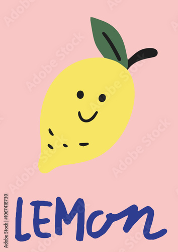 Cute cartoon lemon. Vector children's illustration. A fun print. Fruit baby room poster.