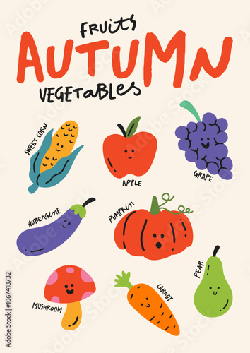 Cute cartoon autumn fruits and vegetables. Vector children's illustration. A fun print. Baby room poster.