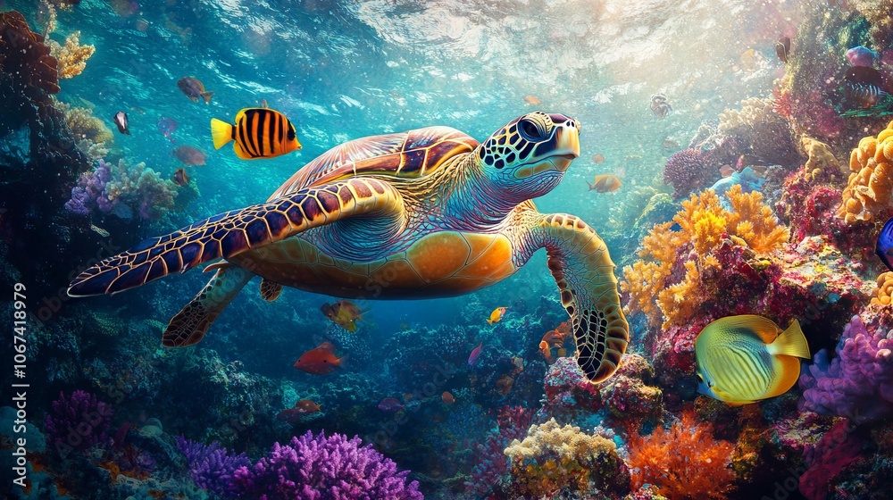 Naklejka premium Colorful sea turtle gliding through a vibrant underwater scene filled with fish and coral reefs. AI generated illustration