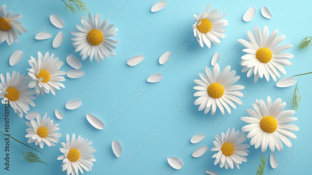 Obraz premium A serene arrangement of daisies on a blue background, evoking freshness and tranquility.