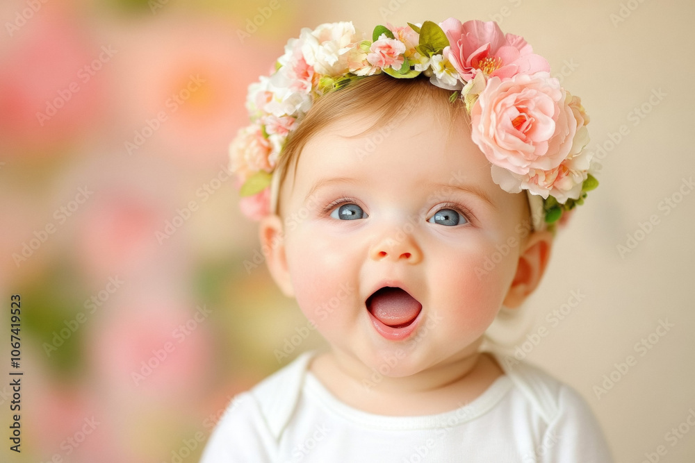 A Baby Girl Wearing A Floral Headband, Smiling Or Yawning, Set Against A Light, Pastel Background That Emphasizes Her Sweetness A Baby Girl Wearing A Floral Headband, Smiling Or Yawning, Set Against A Light, Pastel Background That Emphasizes Her Sweetness