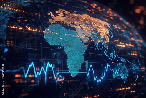 Upward-trending stock market chart over Earth with South Africa outline. AI generated illustration