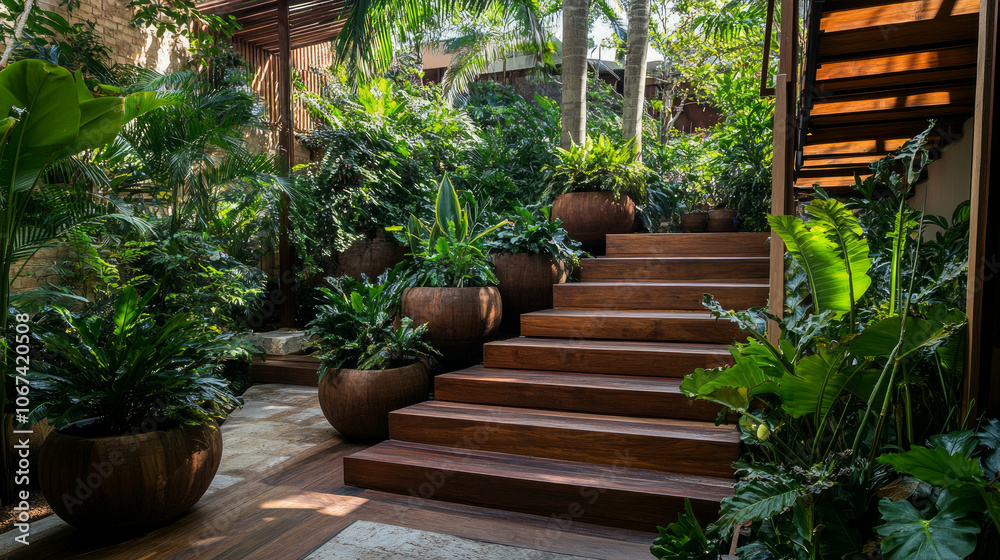 Wooden stairs adorned with lush greenery in round pots. The vibrant plants bring life to the outdoor garden, creating a tranquil and inviting space.