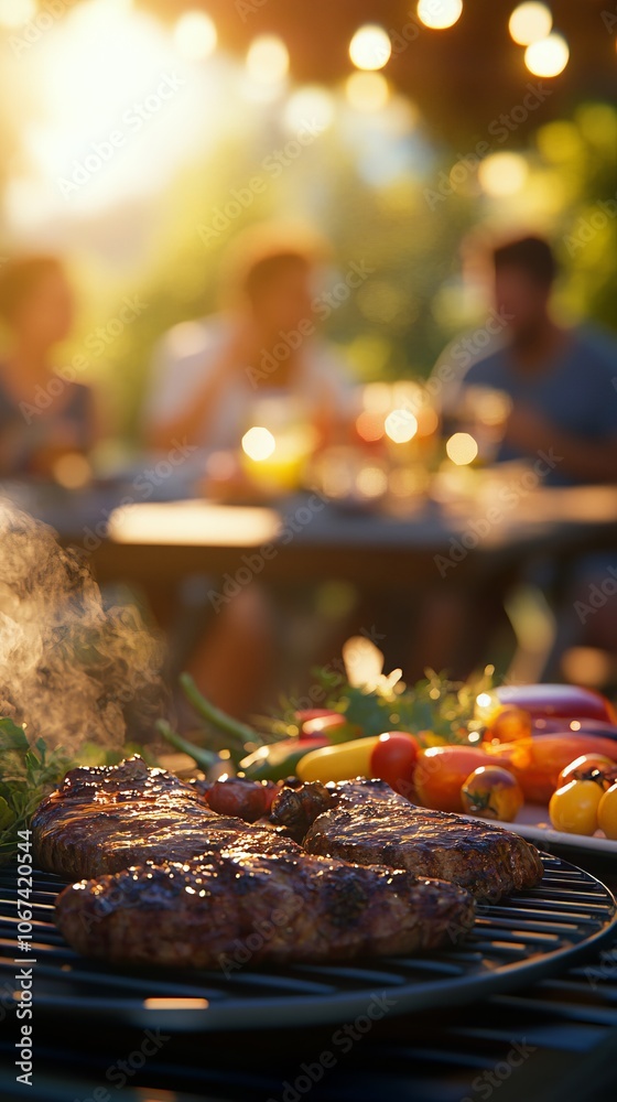 Vibrant summer barbecue party scene with friends enjoying grilled steaks and vegetables. AI generated illustration Vibrant summer barbecue party scene with friends enjoying grilled steaks and vegetables. AI generated illustration