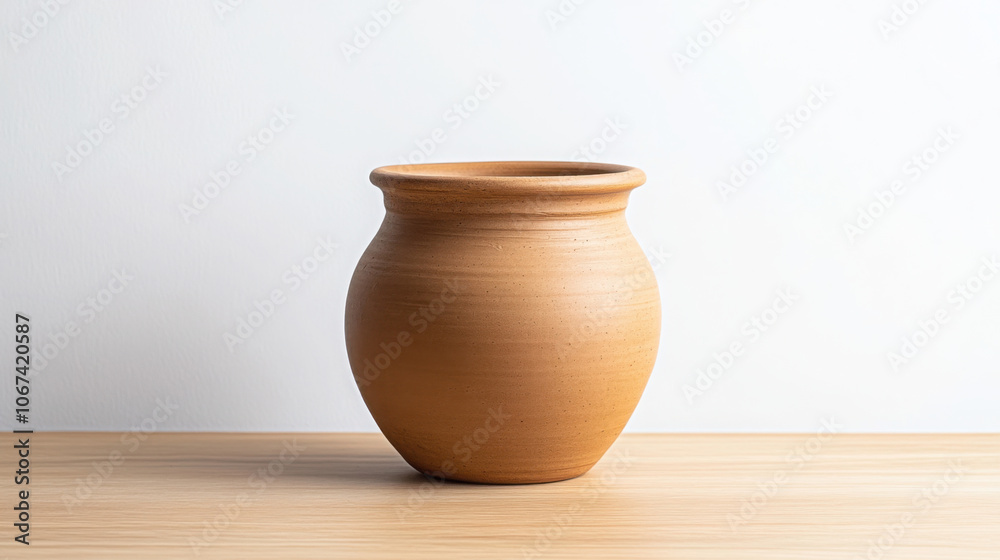 Artistic clay pot on wooden table: rustic home decor and craftsmanship Artistic clay pot on wooden table: rustic home decor and craftsmanship