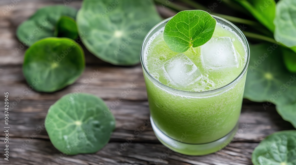 Refreshing green drink with ice, garnished with a leaf, set on a rustic wooden table, surrounded by vibrant green foliage. Refreshing green drink with ice, garnished with a leaf, set on a rustic wooden table, surrounded by vibrant green foliage.