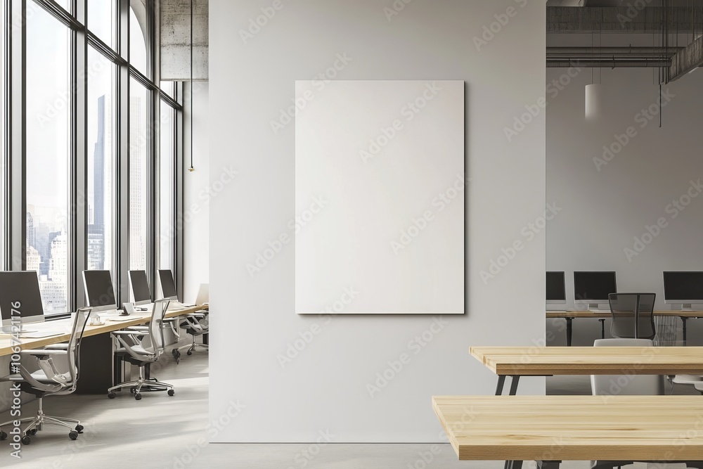 Vertical blank poster mockup in a sleek office setting. AI generated illustration Vertical blank poster mockup in a sleek office setting. AI generated illustration