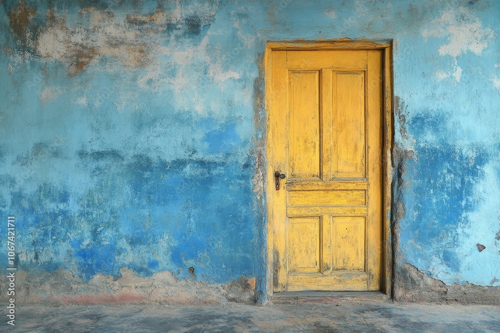 A weathered yellow door with a worn frame, set against a faded blue wall, symbolizes hope, renewal, and the passage of time. A weathered yellow door with a worn frame, set against a faded blue wall, symbolizes hope, renewal, and the passage of time.