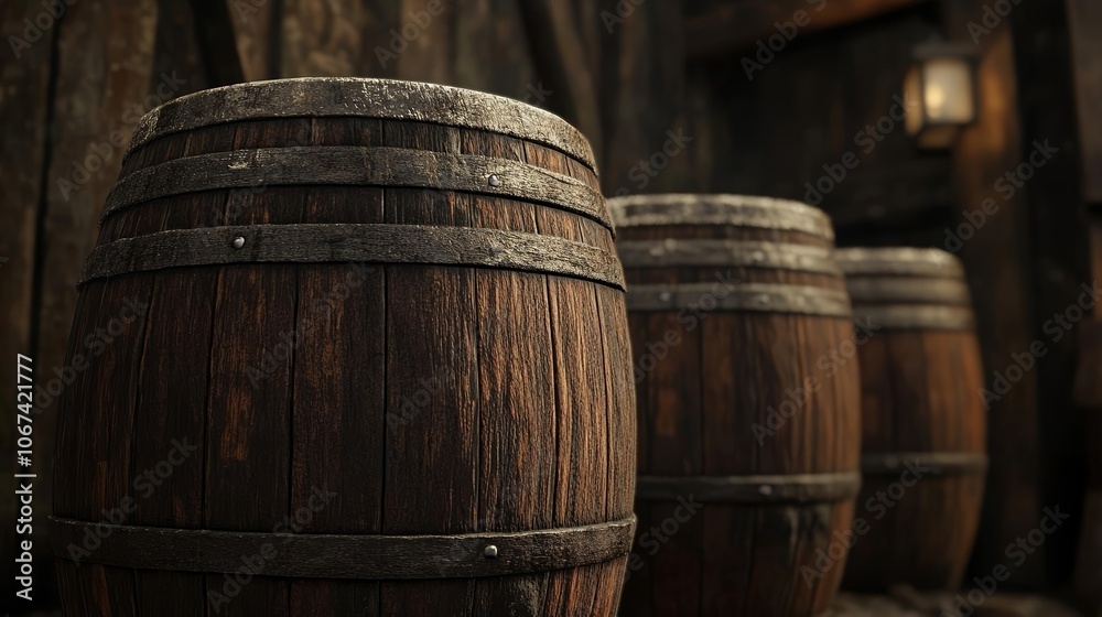 Row of old wooden barrels, dark brown wood, aged and weathered texture, warm lighting, rustic atmosphere Row of old wooden barrels, dark brown wood, aged and weathered texture, warm lighting, rustic atmosphere