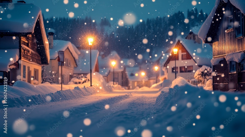 Fototapeta premium A picturesque snowy village street at night, illuminated by warm streetlights, with charming houses covered in snow and a soft snowfall creating a magical ambiance.