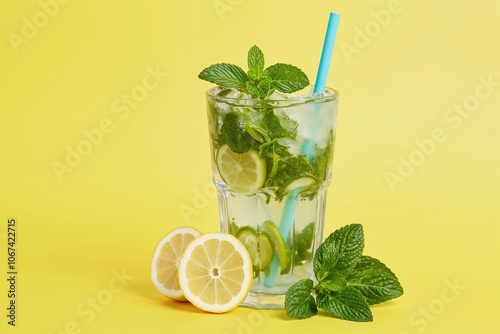 Refreshing lemon mint mojito against vibrant yellow background for summer beverage design and culinary inspiration.