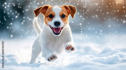  cheerful and happy dog playing in the snow, copy space, love winter time. funny dog on the snow background