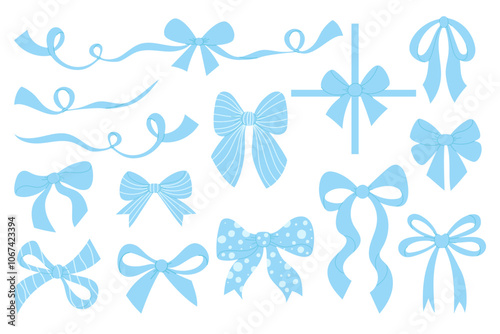 Cute soft blue decorative bow ribbon collection. Isolated girly coquette aesthetic element on white background. Vector illustration. Trendy textured hand drawn accessories.