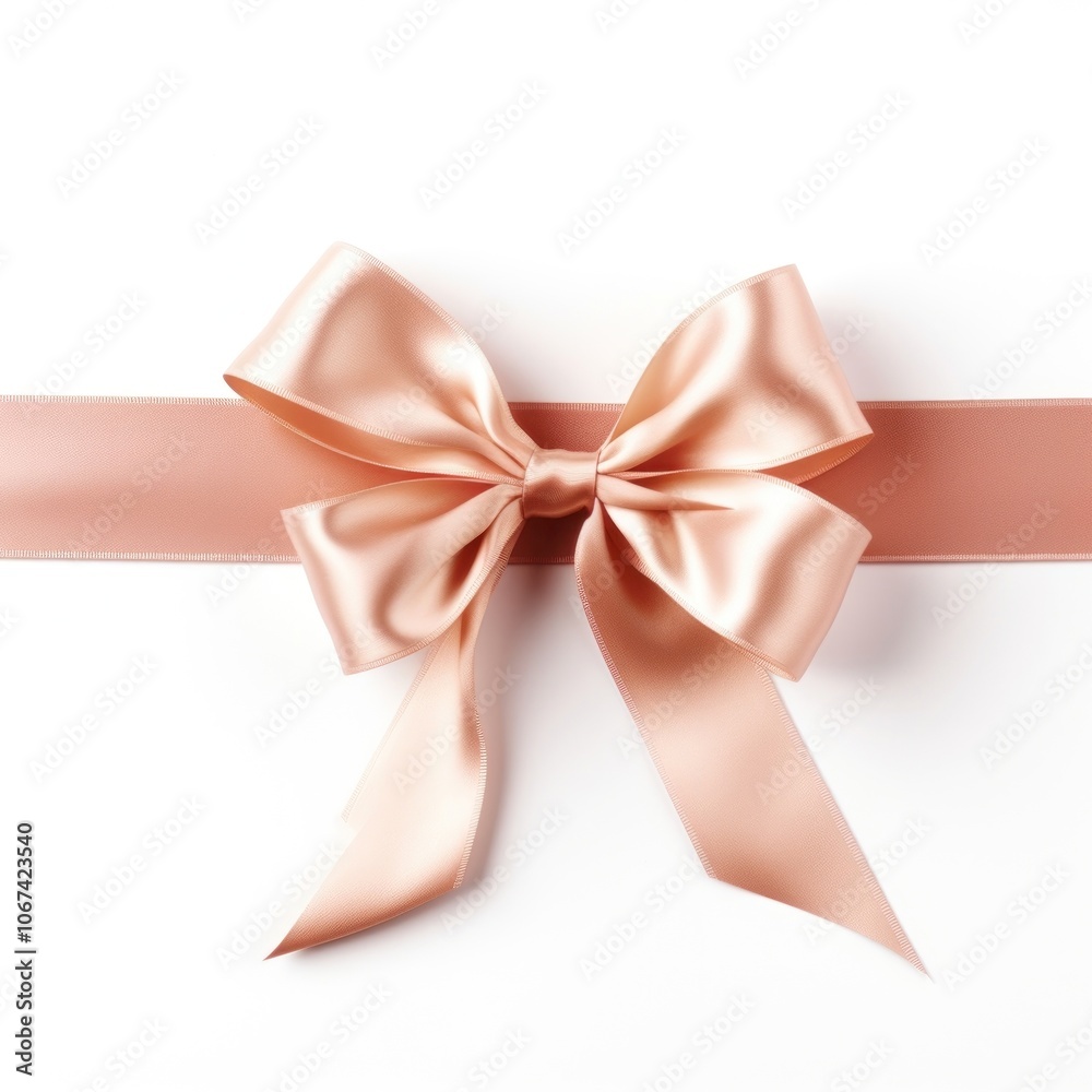Soft peach pink gift ribbon and bow with tails horizontal border white background celebration anniversary. Soft peach pink gift ribbon and bow with tails horizontal border white background celebration anniversary.