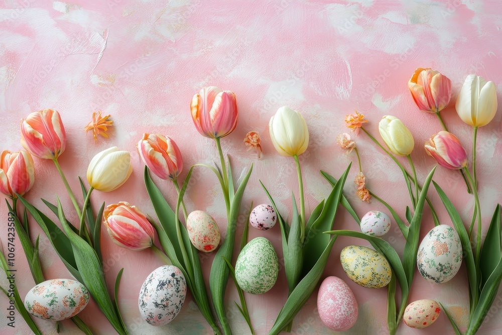 Vibrant pink and white tulips with decorative Easter eggs on a pink background, symbolizing spring, new life, celebration, hope, and renewal. Vibrant pink and white tulips with decorative Easter eggs on a pink background, symbolizing spring, new life, celebration, hope, and renewal.
