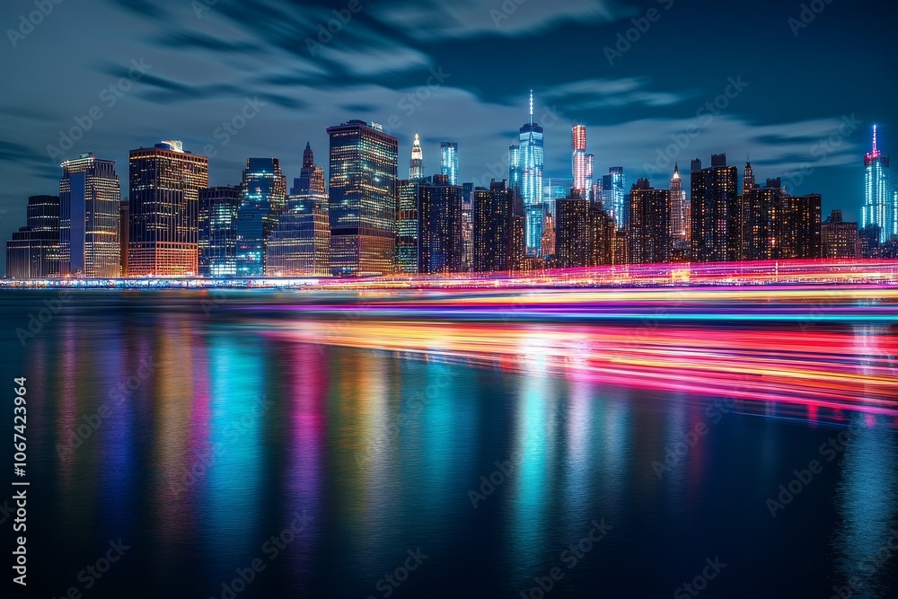 Obraz premium A captivating view of a vibrant city skyline at night, with illuminated skyscrapers reflected in the water, showcasing a sense of energy, progress, and urban life.
