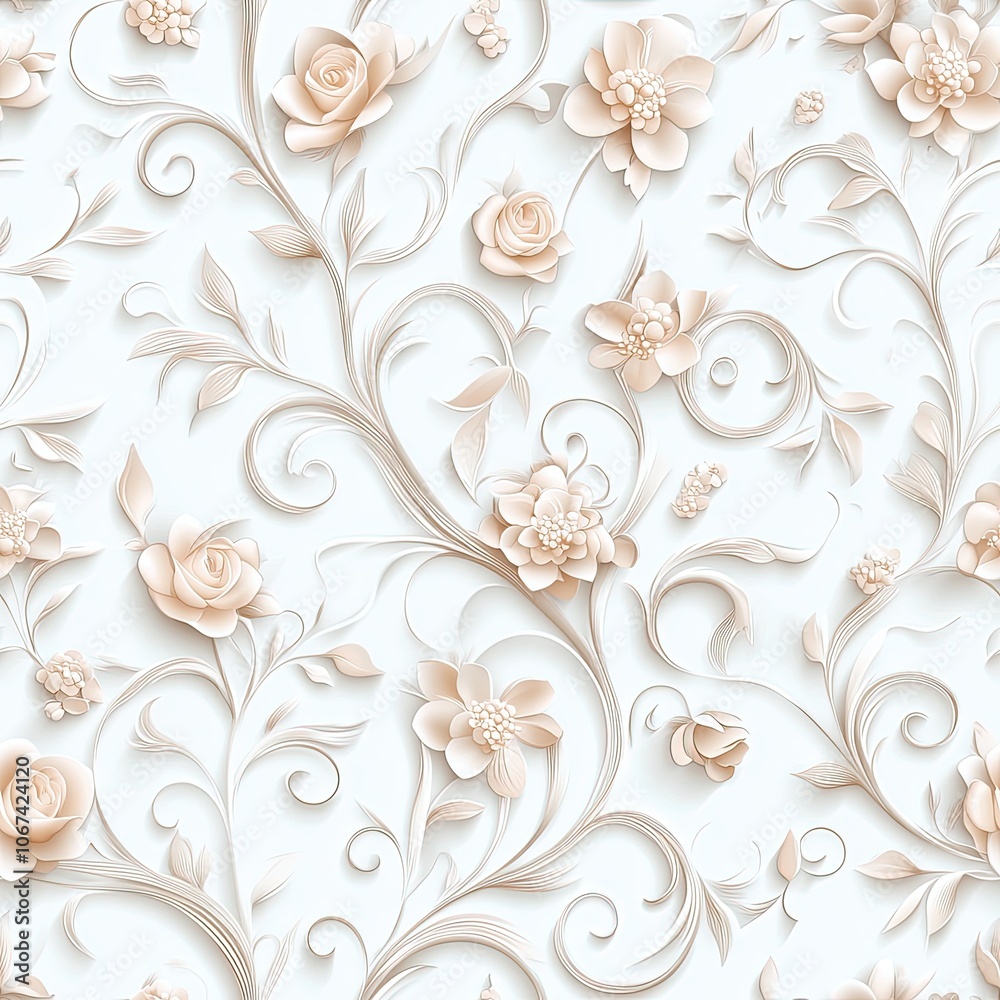 Elegant 3D Floral Seamless Pattern with Blush Pink flower on White Background Elegant 3D Floral Seamless Pattern with Blush Pink flower on White Background