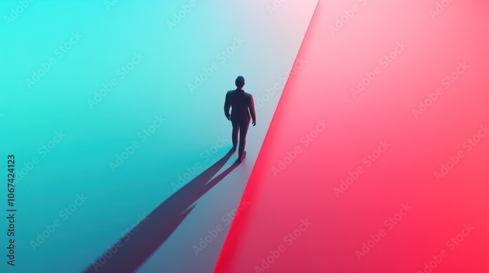 A silhouette of a person walking between contrasting colors, symbolizing choices or paths. A silhouette of a person walking between contrasting colors, symbolizing choices or paths.