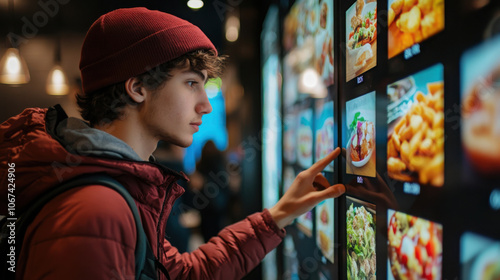 Young man selecting fast food item from digital menu in modern setting photo