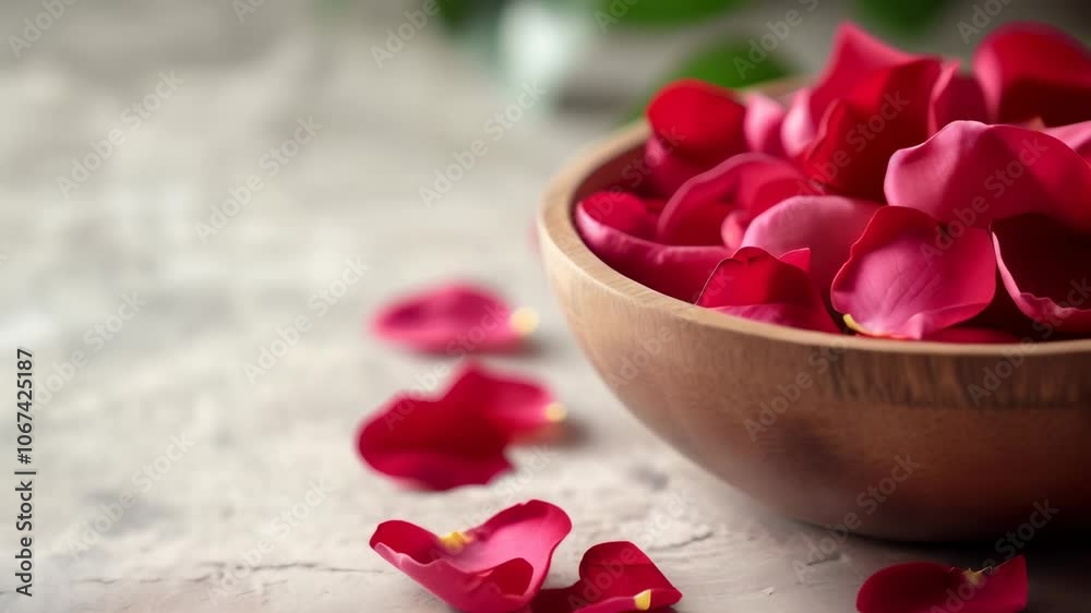 Wooden bowl is overflowing with vibrant pink rose petals, creating a serene and luxurious atmosphere perfect for spa treatments, aromatherapy, and beauty care Wooden bowl is overflowing with vibrant pink rose petals, creating a serene and luxurious atmosphere perfect for spa treatments, aromatherapy, and beauty care