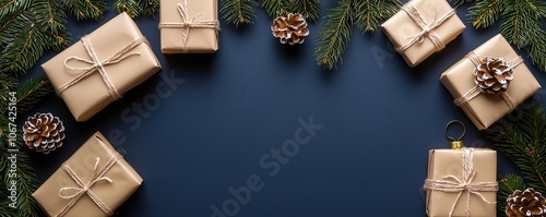 A festive arrangement of wrapped gifts adorned with pinecones, surrounded by greenery, set against a dark background. photo