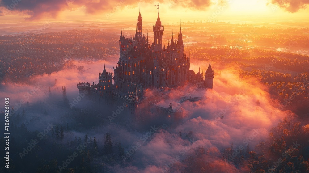 Naklejka premium A majestic castle emerges from the mist at sunset capturing the enchantment of fantasy landscapes