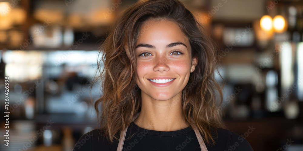 Smiling young woman with long brown hair in a coffee shop. Smiling young woman with long brown hair in a coffee shop.