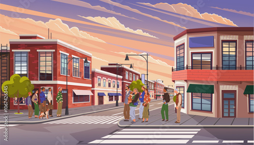 People are gathered on a charming street corner with red brick buildings under a twilight sky. Others walk down the sidewalk while a couple talks near a tree. Ideal for community, social interaction