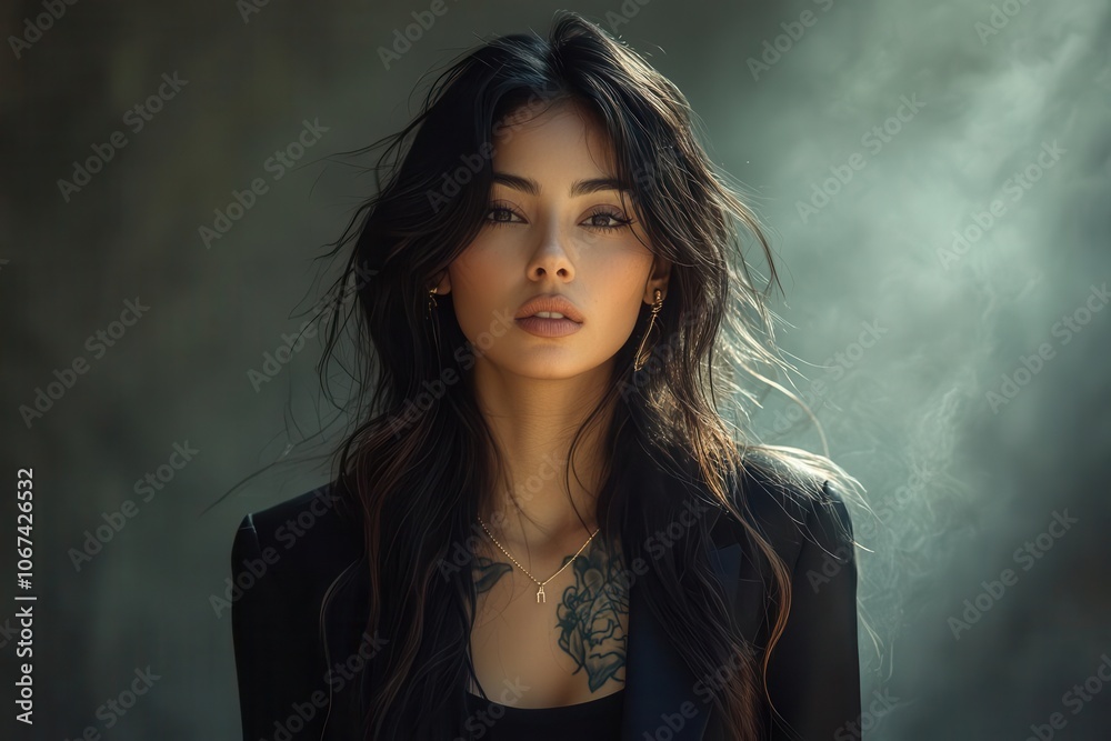 trendy hispanic female model exudes confidence with her long hair adorned in a sleek black tshirt and blazer showcasing her tattoos and jewelry against a mysterious dark foggy backdrop trendy hispanic female model exudes confidence with her long hair adorned in a sleek black tshirt and blazer showcasing her tattoos and jewelry against a mysterious dark foggy backdrop