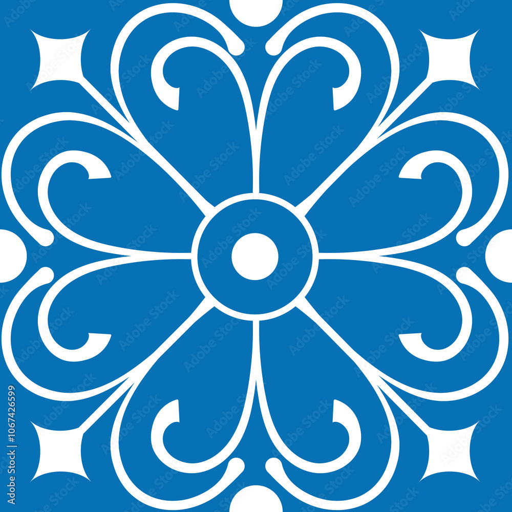 Intricate white floral pattern on a vibrant blue background forms an elegant and classic design, suitable for various decorative applications Intricate white floral pattern on a vibrant blue background forms an elegant and classic design, suitable for various decorative applications