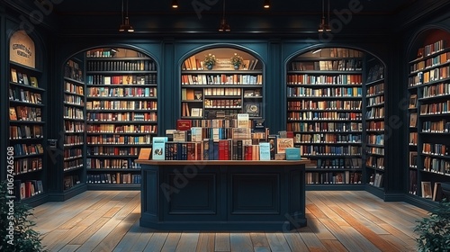 A dark blue library with bookshelves filled with books, a wooden counter with books on it in the middle, and a wooden floor.